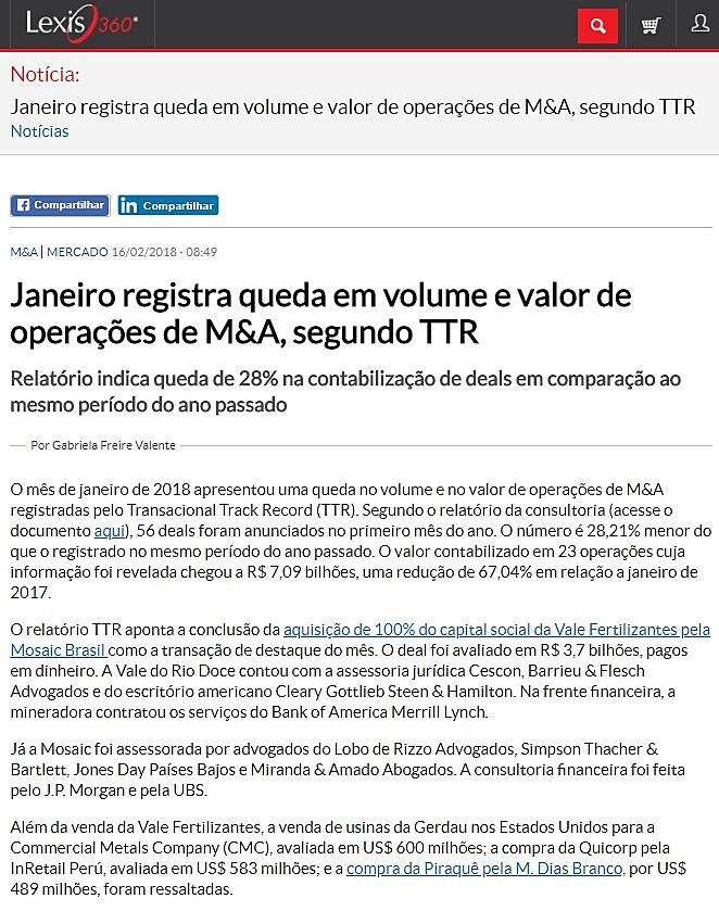 Janeiro registra queda em volume e valor de operaes de M&A, segundo TTR